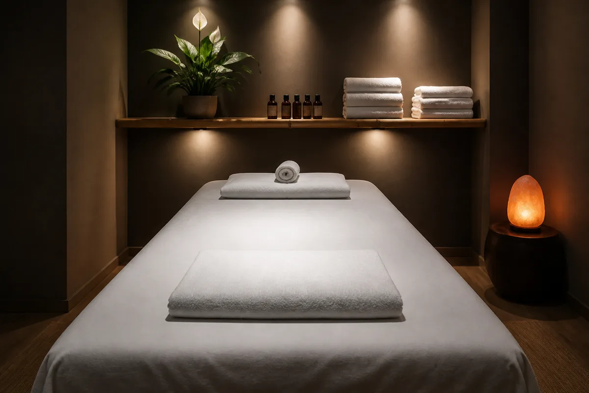 Spa treatment room with linens